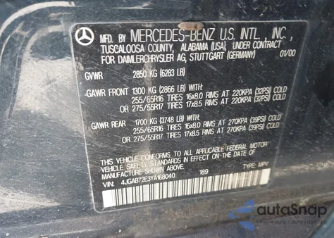 2000 Mercedes-Benz Ml 430 из США, поврежденный, VIN 4JGAB72E3YA168040